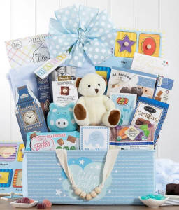 New baby boy gift basket delivered to Alabama for $129.99 With keepsakes and goodies for parents to welcome the newest member of the family in style.