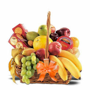Fruit & Cheese Gift Basket With An Orange Bow