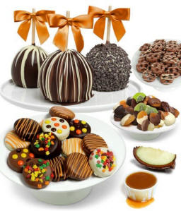 Chocolate-covered fruit gift with dipped apples and gourmet toppings